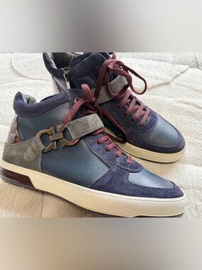 Like NEW! $900 Ferragamo Naylon Navy Burgundy Leather High-Top Sneaker 9.5 10.5